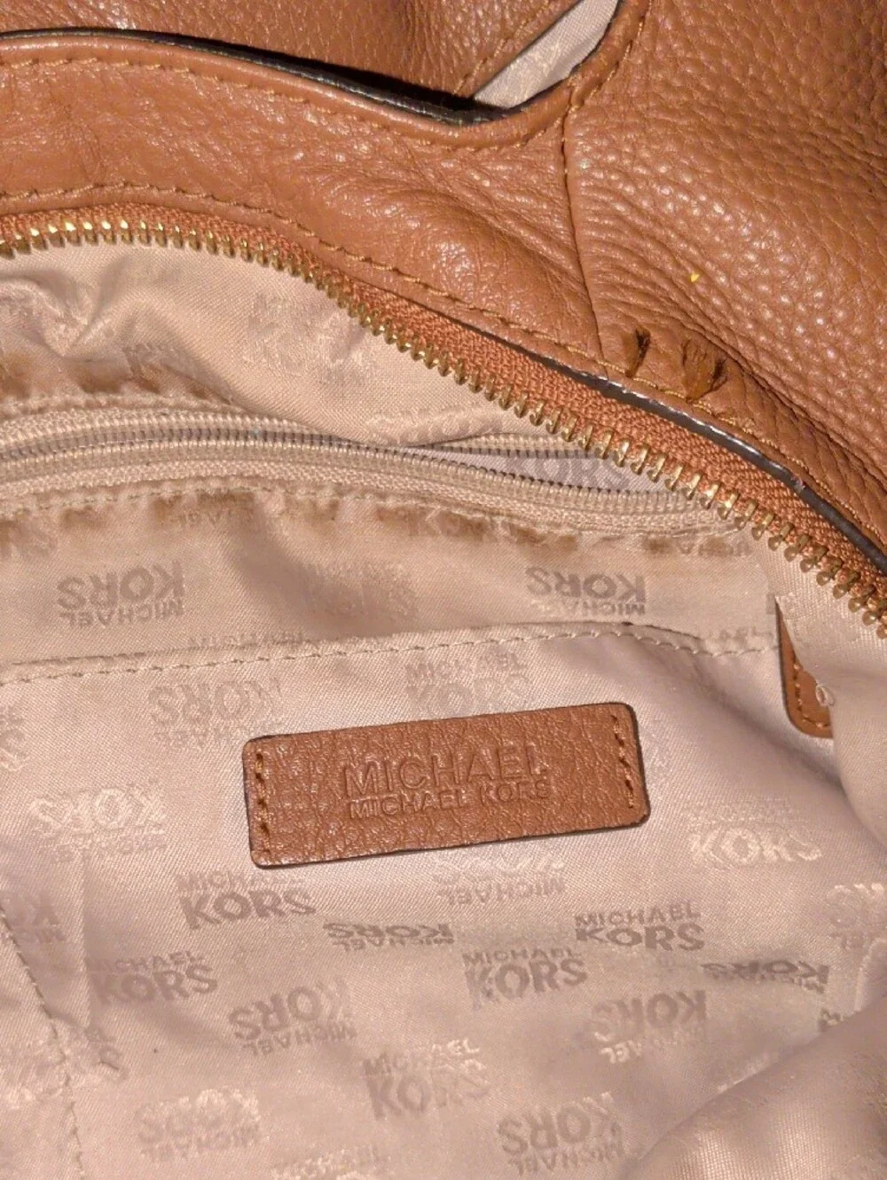 Michael Kors Cognac Pebbled Leather Shoulder Hobo with Gold Logo